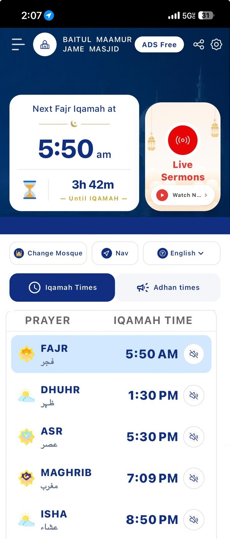Live Mosque Worshipper App showing local prayer times, masjid Iqamah times, countdown to the next Iqamah and live sermons