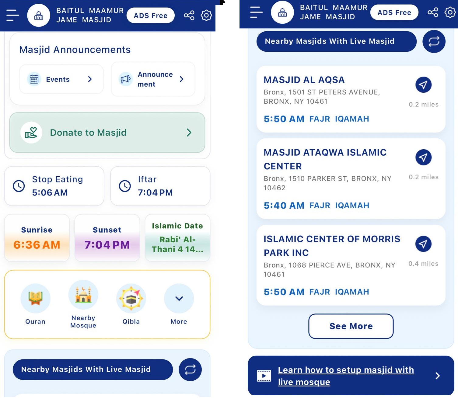 Live Mosque Worshipper App showing masjid announcements, nearby masjids, Iqamah times and Islamic information