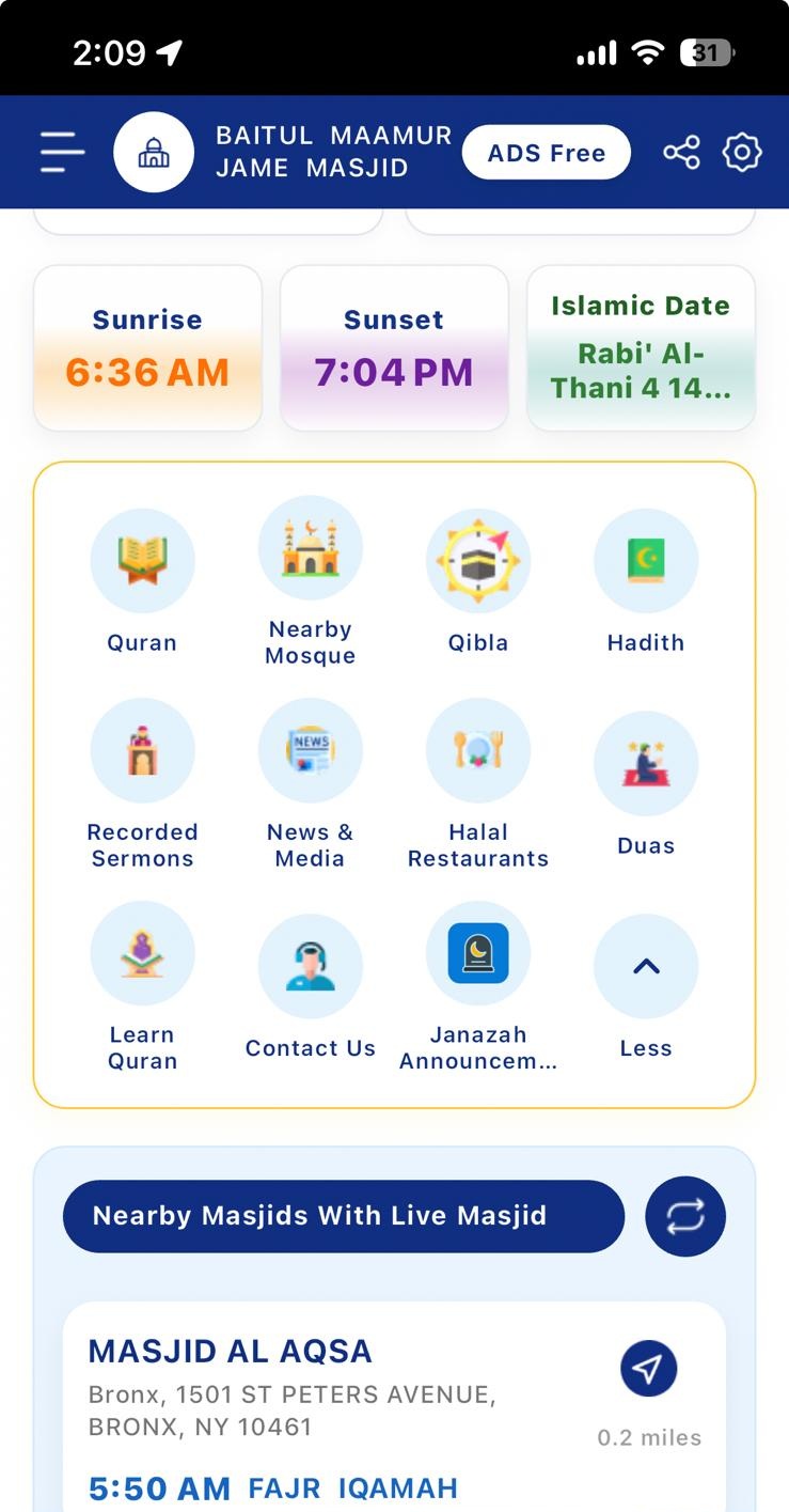 Live Mosque Worshipper App showing Quran, Hadith, Qibla, nearby mosque, Duas, recorded sermons and other Islamic resources