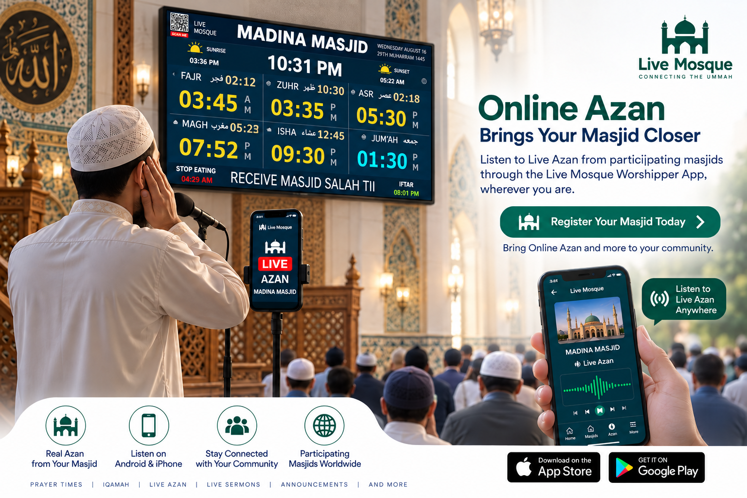 Online Azan example showing Madina Masjid broadcasting Live Azan through Live Mosque to worshippers