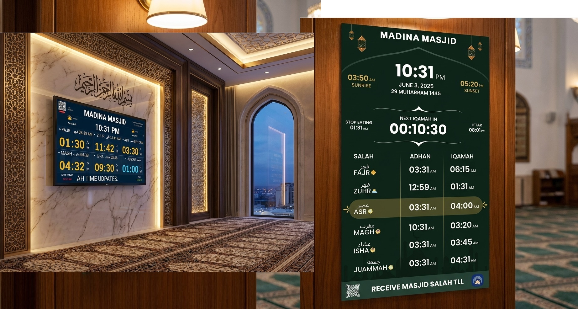 Live Mosque digital Masjid Clock displaying prayer and Iqamah times